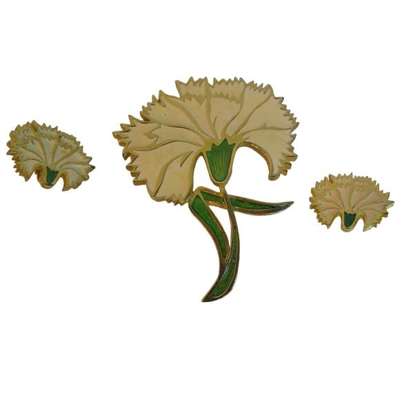 Vintage Pierre Lang Floral Carnation Enamel Brooch Pin and Clip On Earrings Set - Picture 3 of 8